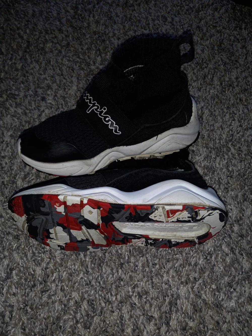 Champion Kids Black Sneakers with Red & Gray Camo Outsole